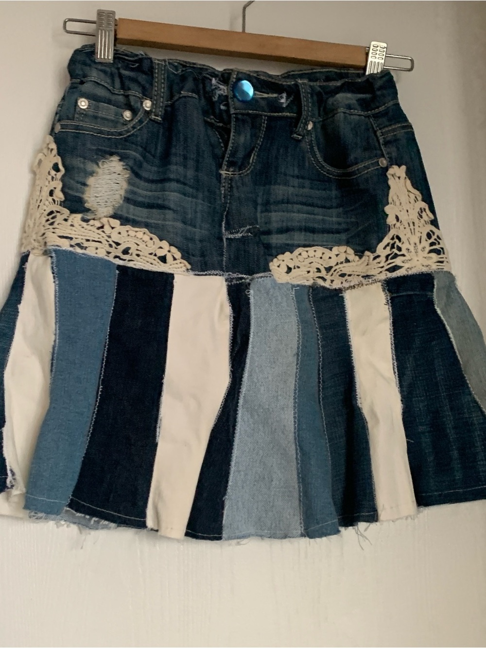Trending Denim Circle Skirt with Cream Crochet Trim - Blue